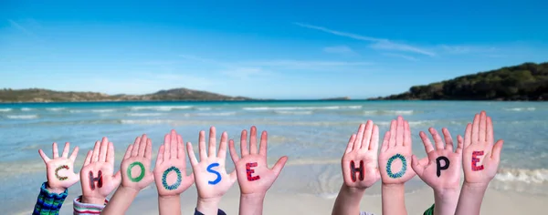 Dzieci Budowa Rąk Kolorowe Angielskie Słowo Wybierz Nadzieję Ocean Letni — Zdjęcie stockowe