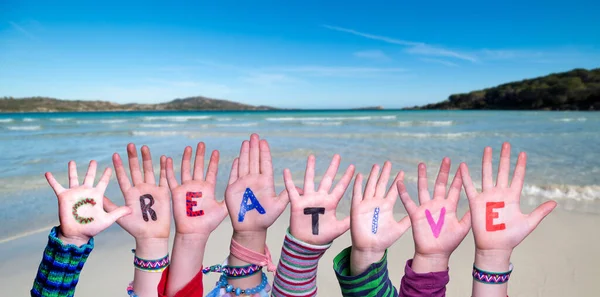 Children Hands Building Colorful English Word Creative Summer Ocean Sea — Stock Photo, Image