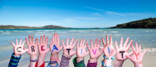 Children Hands Building Colorful English Word Creativity Summer Ocean Sea — Stock Photo, Image