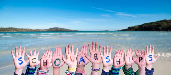 Children Hands Building Colorful English Word Scholarships Summer Ocean Sea — Stock Photo, Image