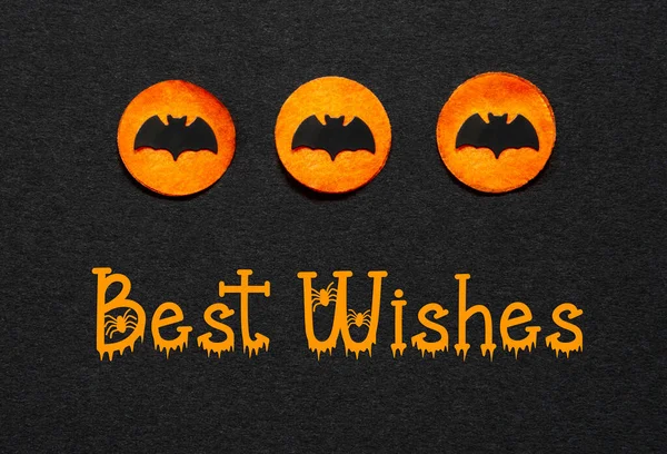 Black Halloween Background Three Orange Dots Bats Text Best Wishes — Stock Photo, Image