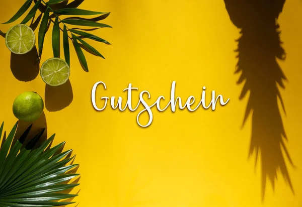 Yellow Flat Lay German Text Gutschein Means Voucher Yellow Summer — Stock Photo, Image