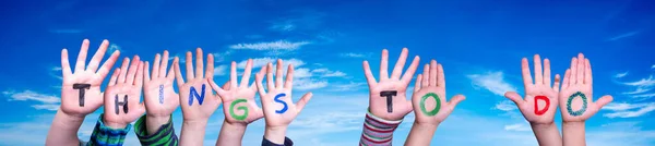 Children Hands Building Barevné Anglické Slovo Dělat Modrá Obloha Jako — Stock fotografie