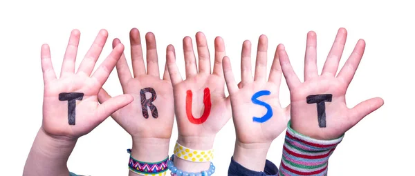 Children Hands Building Colorful English Word Trust Isolé Fond Blanc — Photo