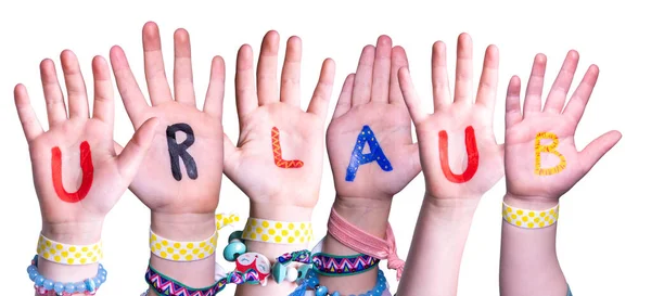 Bambini Hands Building Colorato Parola Tedesca Urlaub Significa Vacanza Isolato — Foto Stock