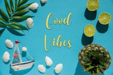 İngilizce iyi titreşimli düz yatış. Turkuaz ya da Mavi Arkaplan Zeka Madalyası Ananas, Deniz Kabuğu, Tekne ve Limon Gibi.