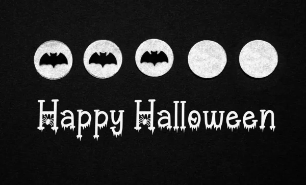 Zwarte Halloween Achtergrond Met Witte Stippen Met Vleermuizen Tekst Gelukkig — Stockfoto