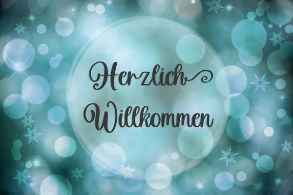 ブルークリスマス背景 ブラリーとボッケのお祝い背景ドイツ語のテキストヘルツリヒウィランツ 英語で歓迎を意味します — ストック写真