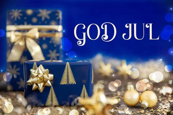 Texto Sueco God Jul Significa Feliz Navidad Español Golden Blue — Foto de Stock