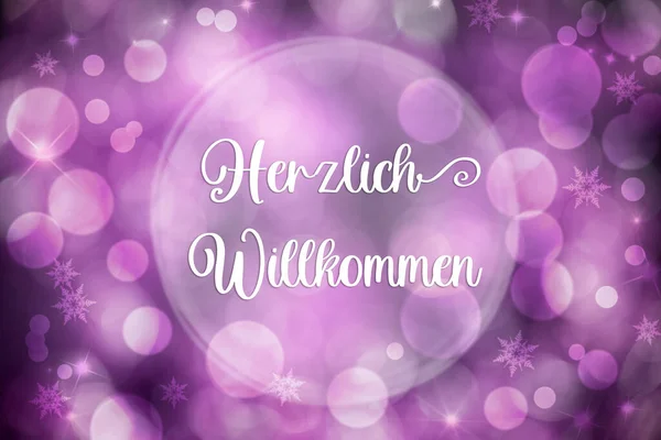 Purple White Christmas Background Shiny Bokeh German Text Herzlich Willkommen — Stock Photo, Image