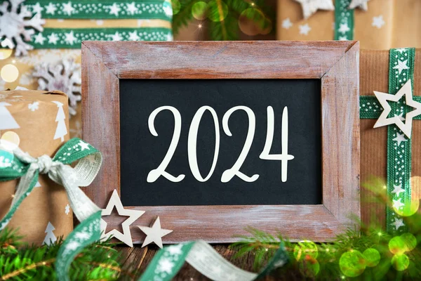 Texto 2024 Verde Decoración Navidad Sostenible Decoración Invierno Respetuoso Del — Foto de Stock