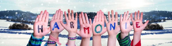 Crianças Mãos Construindo Colorido Alemão Palavra Harmonia Significa Harmonia Fundo — Fotografia de Stock