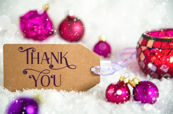 Label Text Thank You Purple Christmas Decoration Snow Winter Background — Stock Photo, Image