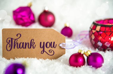 Yazılı Etiket Teşekkürler, Beyaz Kar Arkaplanı Mor Noel Baloları, Noel ve Kış Dekorasyonu