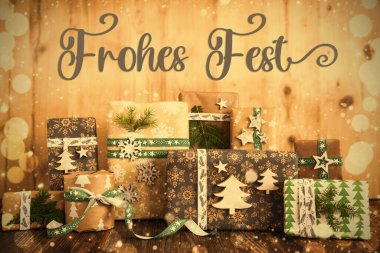 Almanca Yazı Frohes Festivali, İngilizce, Çevreci, Sürdürülebilir, Kırsal, Yeşil Paketli Noel Hediyeleri, Kış Arkaplanı