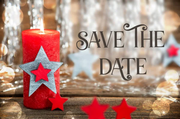 Text Save The Date, With Red Candle, Silver Glittering Background, Christmas Decor, Festive Winter Background