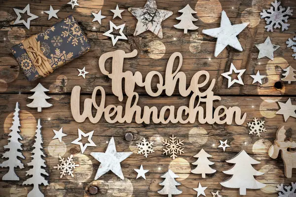 Γερμανικά Ξύλινο Κείμενο Frohe Weihnachten Μέσα Καλά Χριστούγεννα Στα Αγγλικά — Φωτογραφία Αρχείου