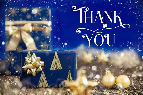 Κείμενο Σας Ευχαριστώ Δώρα Χριστουγέννων Χρυσό Και Μπλε Λαμπερό Φόντο — Φωτογραφία Αρχείου
