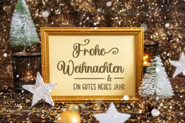 Alman Metni Frohe Weihnachten Und Gutes Neues Jahr 'ın Altın Çerçevesi Mutlu Noeller ve mutlu yıllar demek İngilizce, Altın, Parlak, Parlak Kış Dekorasyonu, Noel Arkaplanı