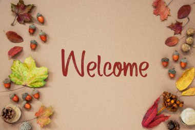 Sonbahar Dekorasyonu ile Sonbahar Arkaplanı, Palamut ve Sonbahar Yaprakları ve Metin Hoşgeldiniz