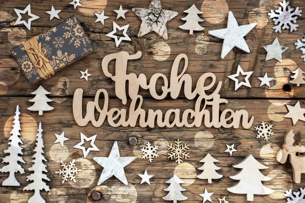 Γερμανικά Ξύλινο Κείμενο Frohe Weihnachten Μέσα Καλά Χριστούγεννα Στα Αγγλικά — Φωτογραφία Αρχείου