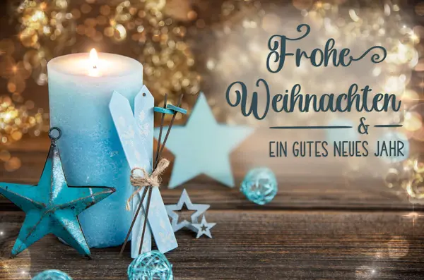 德文文字Frohe Weihnachten Und Ein Gutes Neues Jahr 意为圣诞快乐和新年快乐 有蜡烛 绿松石 — 图库照片
