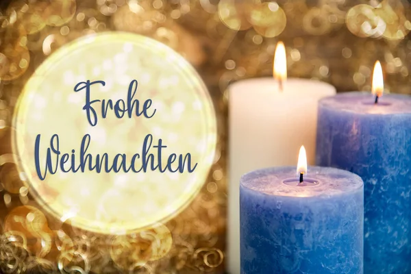 德文文本Frohe Weihnachten 英文意思是圣诞快乐 有蜡烛 闪耀的冬季背景 温馨的气氛 圣诞装饰 — 图库照片
