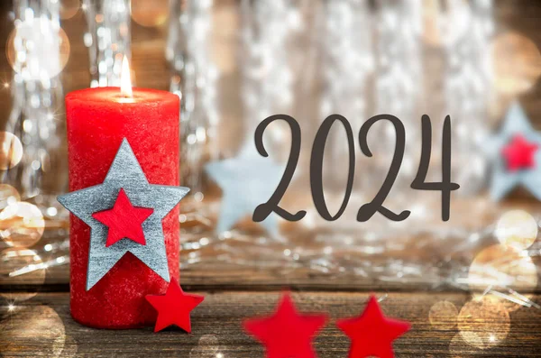 Κείμενο 2024 Κόκκινο Κερί Ασημί Λαμπερό Φόντο Διακόσμηση Χριστουγέννων Εορταστικό — Φωτογραφία Αρχείου