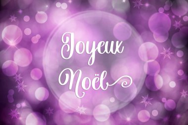 Parlak Bokeh ve Fransız Joyeux Noel 'le Mor ve Beyaz Noel arkaplanı.