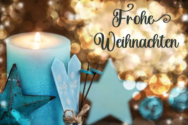 德语文本Frohe Weihnachten在英语中的意思是圣诞快乐 还有圣诞装饰的烛台 冬天的背景 绿松石 心和星辰 — 图库照片
