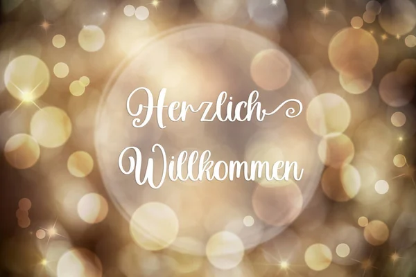 ゴールデン クリスマス背景 お祝い ブラリー ホリデー ドイツ語 テキスト ヘルツリヒ ウィルケーニャ 英語でようこそ意味 — ストック写真
