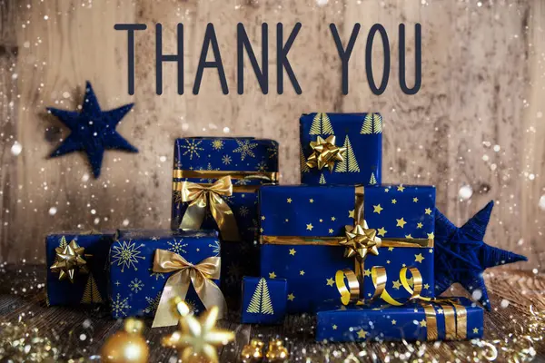Κείμενο Σας Ευχαριστώ Ξύλινο Φόντο Μπλε Χριστουγεννιάτικα Δώρα Χιονοπτώσεις Δώρα — Φωτογραφία Αρχείου