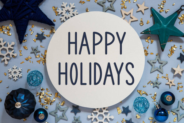 Текст Счастливые праздники, Голубая зима и рождественское украшение, Рождество фон, зимний уголок с началом и рождественский декор