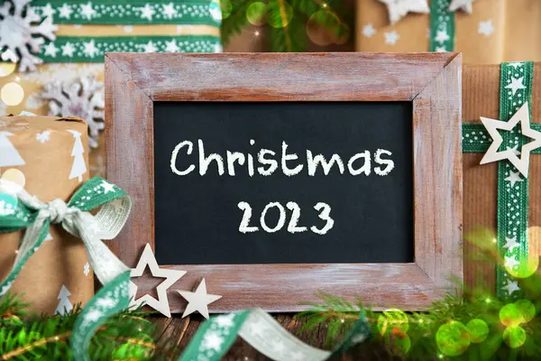 Κείμενο Χριστούγεννα 2023 Και Πράσινο Βιώσιμη Χριστουγεννιάτικη Διακόσμηση Χειμερινή Διακόσμηση — Φωτογραφία Αρχείου