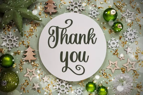 Text Thank You Winter Flatlay Green Christmas Decoration Background Snow — Stock Photo, Image