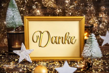 Alman Metni Danke 'li Altın Çerçeve İngilizce, Altın ve Parlak Noel Dekorasyonu, Kış Arkaplanı