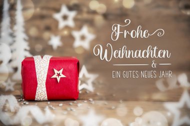 Almanca Metin Frohe Weihnachten Und Ein Gutes Neues Jahr, İngilizcede Mutlu Noeller ve Mutlu Yıllar demek, Noel Hediyesi, Ahşap Arka plan, Yıldızlar, Kış veya Noel Dekorasyonu