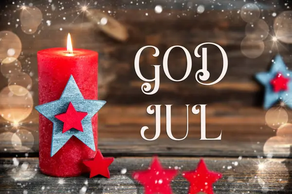 Texto Sueco God Jul Significa Feliz Navidad Inglés Fondo Madera — Foto de Stock