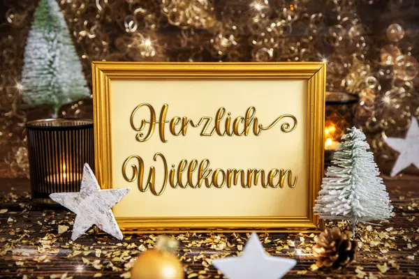 Golden Frame With German Text Herzlich Willkommen, Means Welcome In English, Golden And Glittering Christmas Decoration, Winter Background