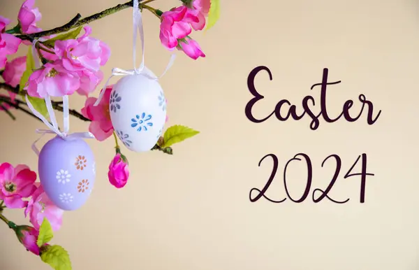 Hermosa Decoración Huevos Pascua Con Flores Primavera Texto Inglés Easter Fotos de stock libres de derechos