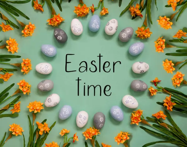 Flat Lay English Text Easter Time Easter Egg Decoration Orange Royalty Free Stock Photos