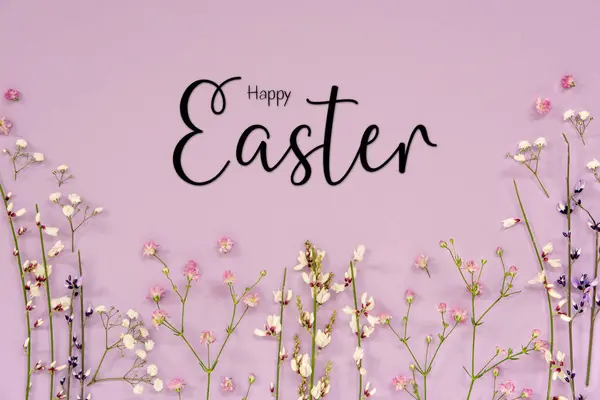 White Purple Spring Flower Arrangement English Text Happy Easter Lavender Stock Image