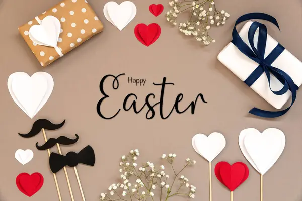 Flat Lay English Text Happy Easter Colorful Accessories Gifts Presents Stock Photo