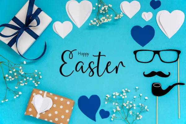 Плоский Лай Английским Названием Happy Easter Голубые Аксессуары Подарки Сердечки Лицензионные Стоковые Фото