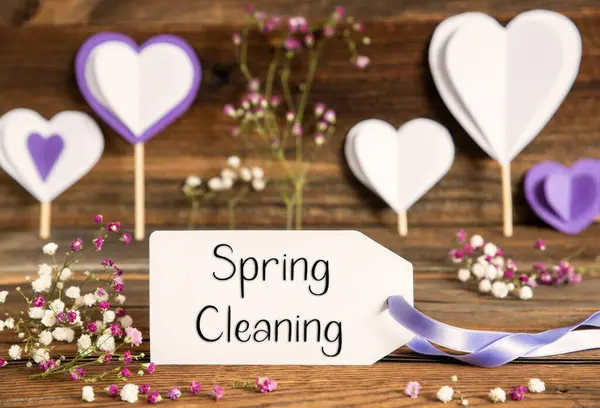Etykieta Angielskim Tekstem Spring Cleaning Fioletowo Liliowa Dekoracja Aranżacja Wiosennych Obrazy Stockowe bez tantiem