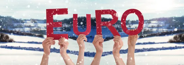 People Persons Hands Building English Word Euro White Winter Background Stock Image