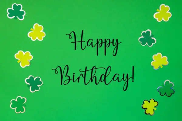Flat Lay English Text Happy Birthday Green Paper Background Saint Stock Image