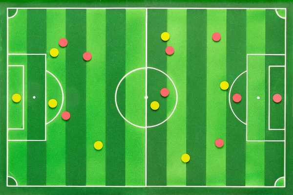 High Angle Shot Soccer Game Strategy Red Yellow Colored Circular — Stock Fotó