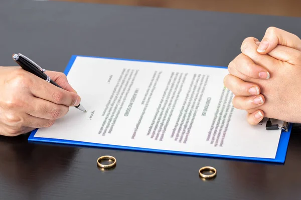 Agreement prepared by lawyer signing decree of divorce or dissolution and cancellation of marriage, husband and wife during divorce process at office