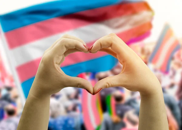 紧紧抓住双手 创造出一个背带跨性别旗帜的心脏 — 图库照片